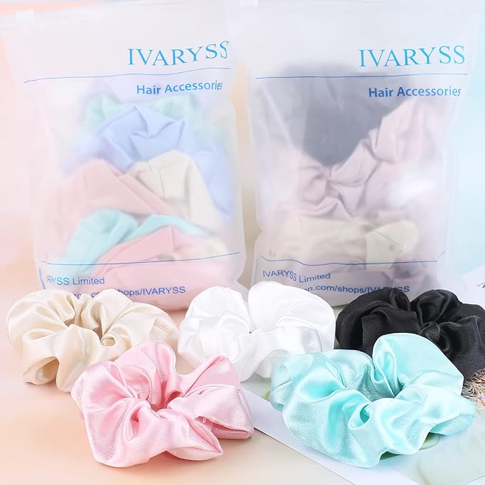 IVARYSS Scrunchies for Sleep, Premium Satin Soft Than Silk, Cute Bands Ties for Women, Girls - Curly, Thin & Thick Hair Styling, 12 Pack, Neutral Colors