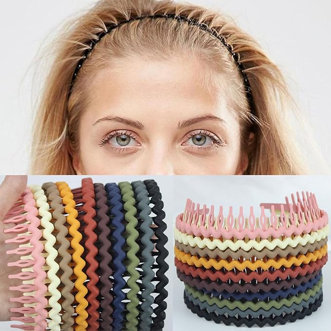 LAPOHI 10 PCS Non Slip Fashion Effortless Plastic Headbands with Teeth Comb Skinny Hair Bands for Women Men Teen Girls, Long Teeth Morandi
