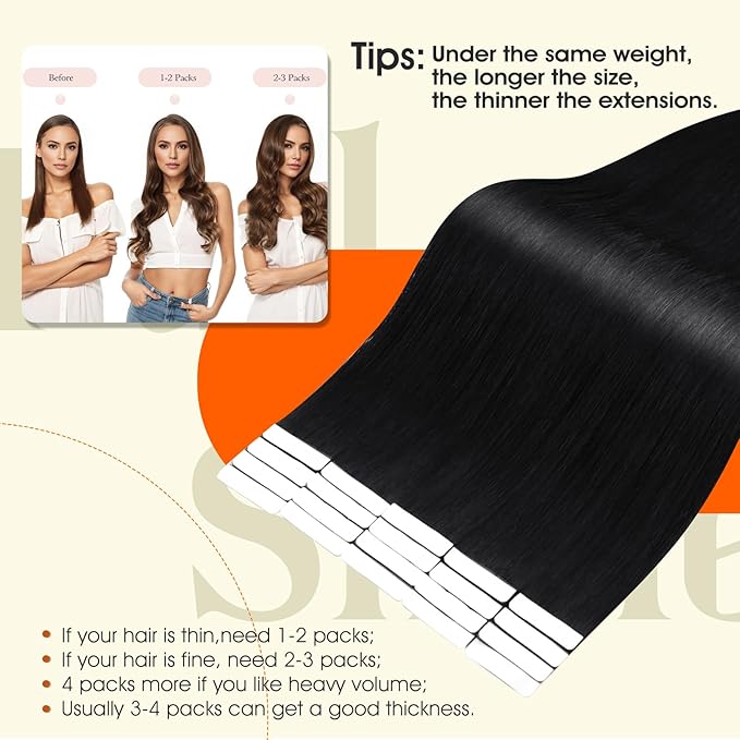 Full Shine Black Injection Tape in Hair Extensions Real Human Hair Color 1 Jet Black Seamless Invisible Skin Weft Machine Remy Injected Tape Extensions for Women 20Inch 50Gram 20Pcs