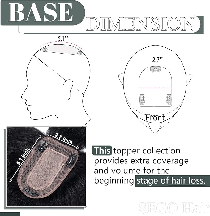 SEGO Hair Toppers for Women Real Human Hair with Thinning, with Front Bangs Clip in Toppers Straight 150% Density Silk Base -18 Inch #1 Jet Black