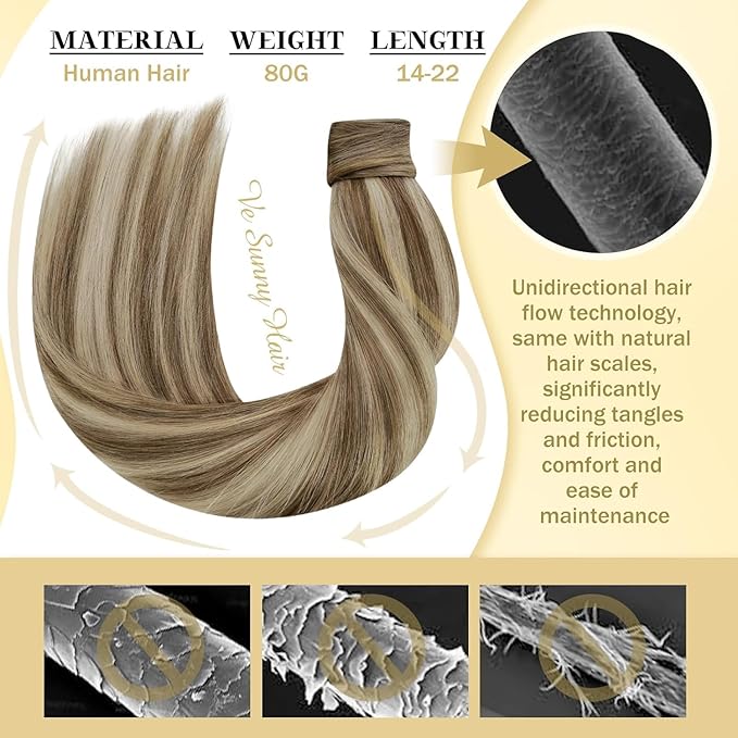 Ve Sunny Hair Extensions Ponytail Real Human Hair Wrap Around Clip in Ponytail Hair Extensions Straight Extensions Human Hair for Women Light Brown Highlights Platinum Blonde 18inch 80G