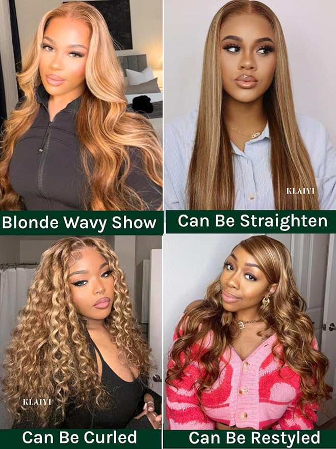 KLAIYI Bye Bye Knots Glueless Wig Highlight Blonde Body Wave Pre Cut 7x5HD Lace Front Wigs Human Hair Pre Plucked Pre Bleached Pre Everything Wear and Go Wig 12A Ombre Brown 30S Ready To Wear 28Inch