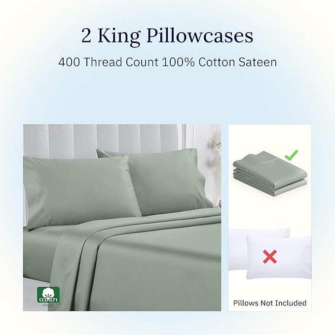 California Design Den King Size Pillowcase Set - 400 Thread Count, 100% Cotton Sateen, Set of 2 Pillow Covers, Soft and Breathable - Sage Green
