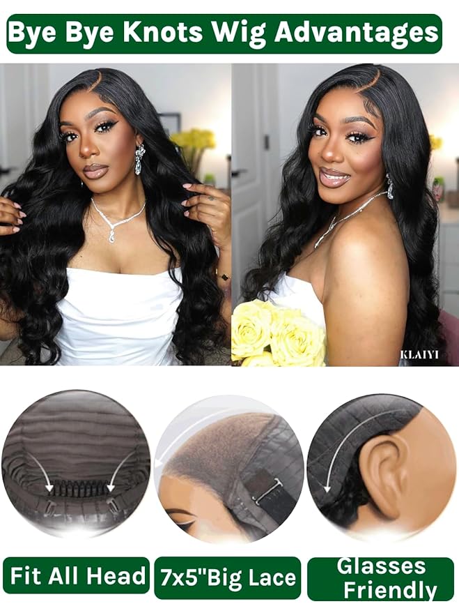 KLAIYI Body Wave Bye Bye Knots Glueless Wig 7x5 Pre Cut Lace Front Wigs Human Hair Wear and Go Wigs for Beginners Pre Bleached Pre Plucked Pre Everything 3S Easy to Ready to Wear Loose Wave Wig 22Inch