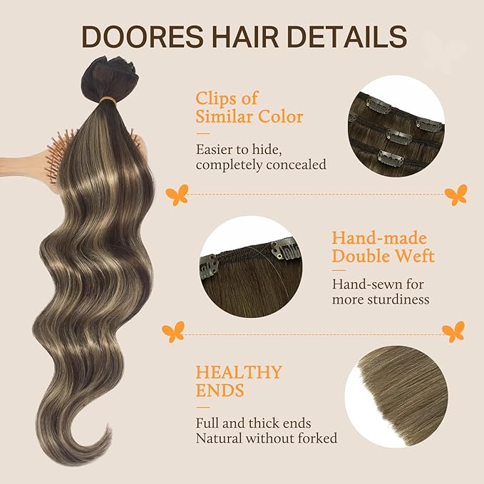 DOORES Hair Extensions Clip in Human Hair, Balayage Chocolate Brown to Honey Blonde 14 Inch 7pcs 100g, Real Hair Extensions Clip in Remy Straight Balayage Natural Thick Weft