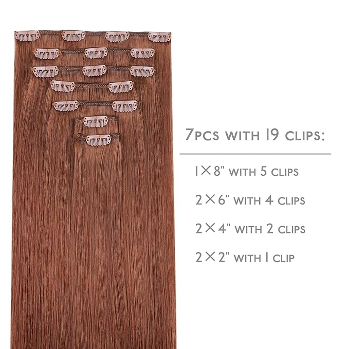 WENNALIFE Clip in Hair Extensions - Real Human Hair, 22 Inch 120g 7pcs, Dark Auburn Copper Remy Human Hair Clip Ins