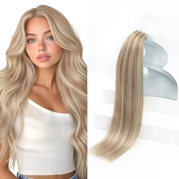 Sunny Hair Blonde Tape in Hair Extensions Human Hair Ash Blonde Highlight Bleach Blonde Hair Extensions Tape in 18 Inch Remy Tape in Txtensions for Women Wedding 20Pcs 50g