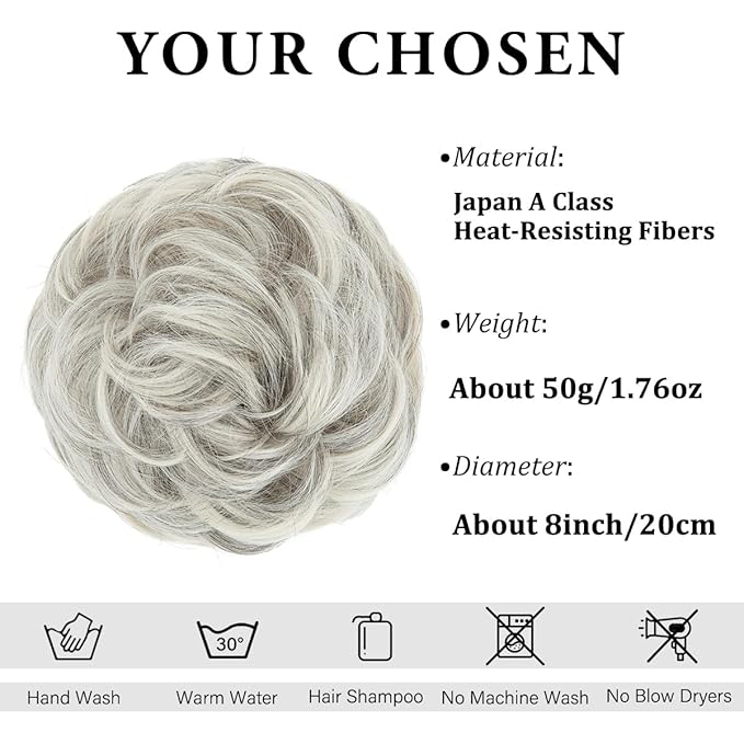 CJL HAIR Large Messy Bun Hair Piece Wavy Curly Scrunchies Synthetic Chignon Ponytail Hair Extensions Thick Updo Hairpieces for Women Grey Multi