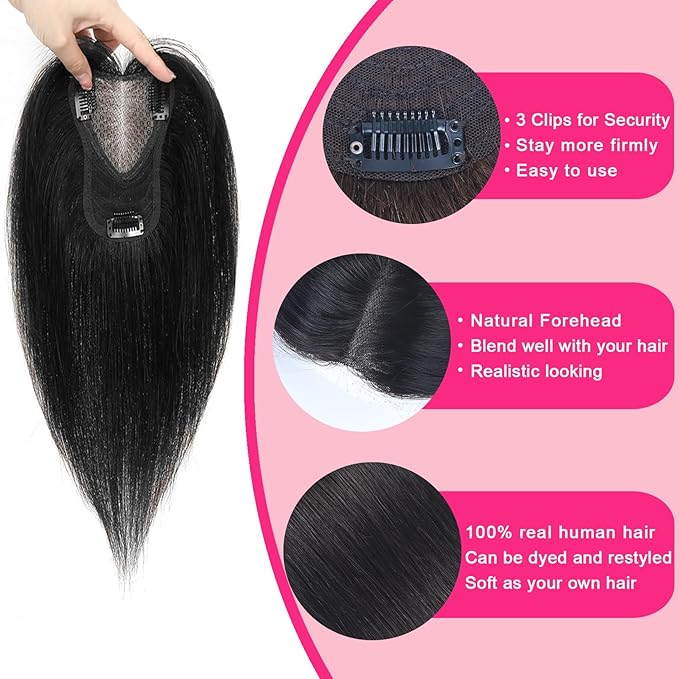 Hair Toppers for Women Real Human Hair Topper Upgrade Swiss Lace Middle Part Clip in Bangs Remy Human Hair Straight Hairpieces for Thinning Realistic Scalp 360° Cover Gray Hairy Roots Black 1B