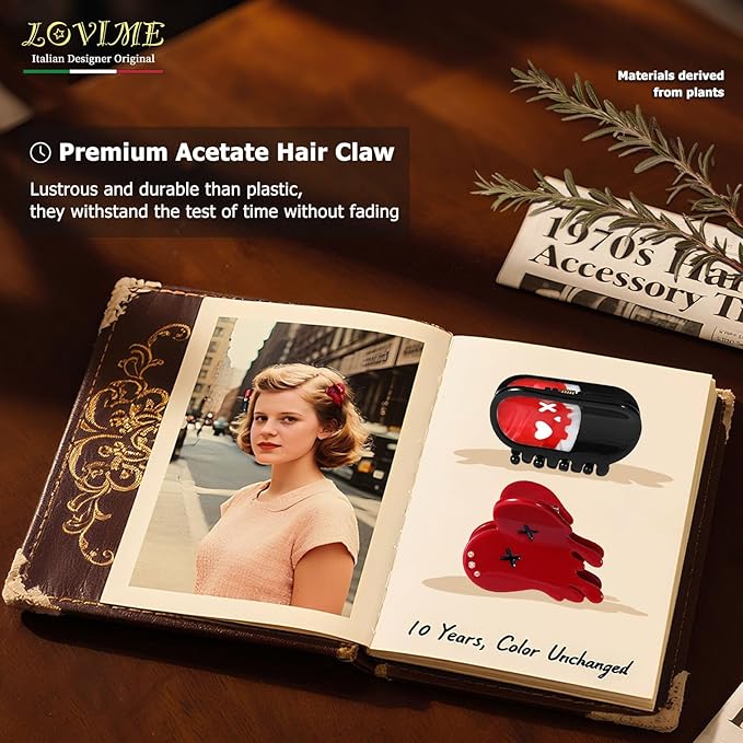 Italian Designer Original Acetate Hair Claw Clips for Women - Mini Cute GothicHair Accessories Bleeding Heart & Pill, Halloween Spooky, Plant-Based, Gift Boxed, 2-Pack
