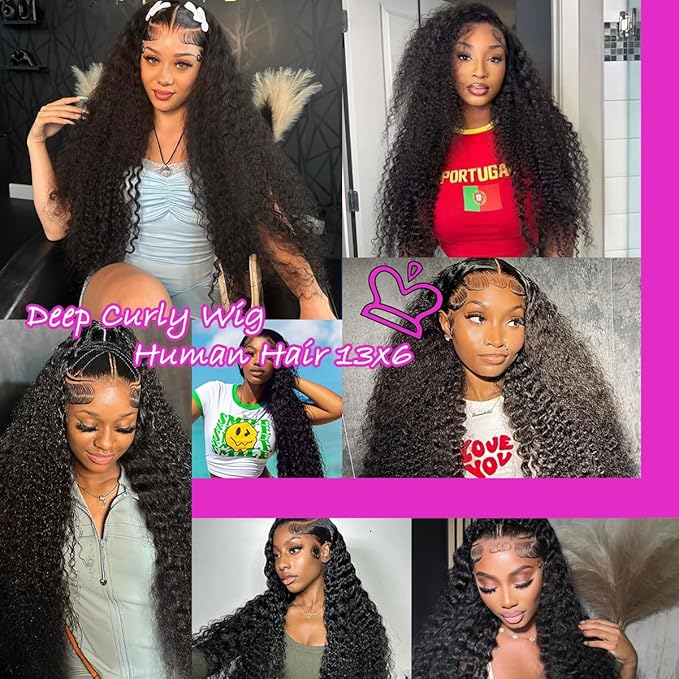 13x6 Deep Wave Lace Front Wigs Human Hair Pre Plucked Deep Curly Wig Human Hair Pre Plucked with Natural Hairline Wet and Wavy Lace Frontal Wig Natural Color 210% Density 30Inch