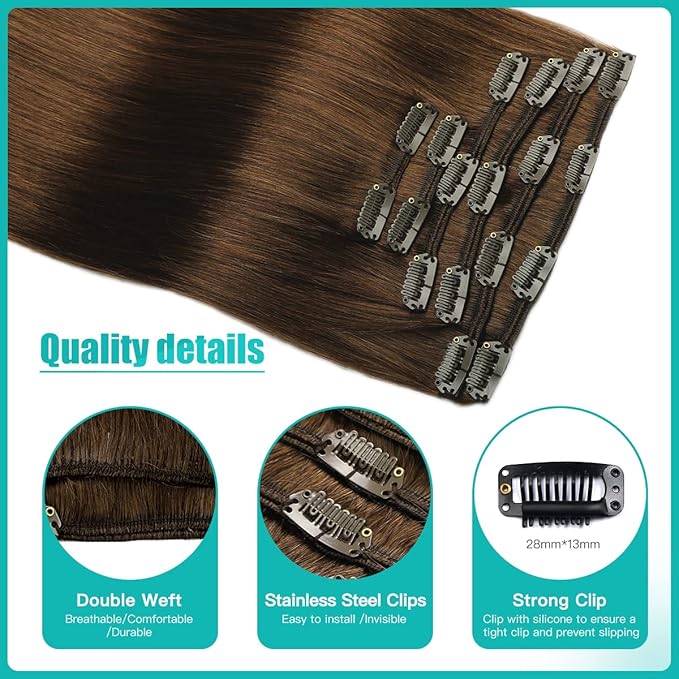 SURNEL Clip in Hair Extensions Chocolate Brown Human Hair Clip in Extensions 20 Inch 120g 6pcs(#4,20'')