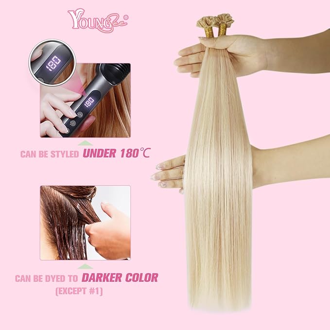 YoungSee K Tip Hair Extensions Highlight 14 Inch K Tips Hair Extensions Human Hair Ash Blonde Highlight Platinum Blonde Remy Keratin Tip Hair Extensions for Women Invisible 50g #18/613