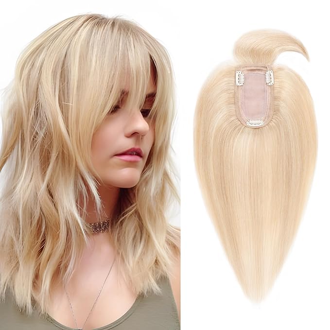 SEGO Hair Toppers for Women Real Human Hair with Thinning, with Front Bangs Clip in Toppers Straight 150% Density Silk Base -10 Inch #18/613 Ash Blonde Mix Bleach Blonde