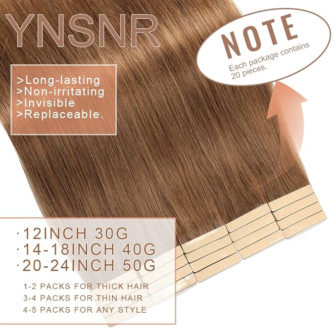 Tape in Hair Extensions Real Human Hair 24 Inch Tawny Brown Tape for Skin Weft Hair Extension Invisible Tape in Hair Extensions Straight Remy Human Hair for Women 20pcs