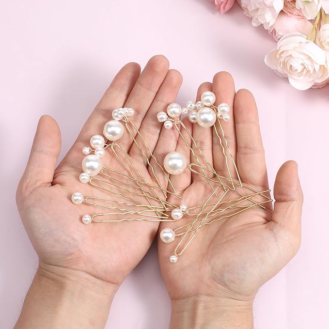 24 Pieces Pearl Crystal Bridal Hair Pins Handmade Pearl Bridal Hair Accessories Pearls Wedding Hair-Pins for Brides Women Girls