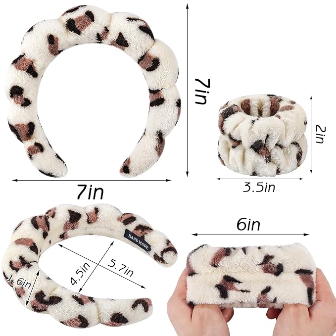 Zkptops Spa Headband for Washing Face Wristband Set Sponge Makeup Skincare Headband Wrist Plush Bubble Get Ready Hairbands for Women Puffy Headwear Non Slip Thick Thin Hair Accessory(Beige Leopard)