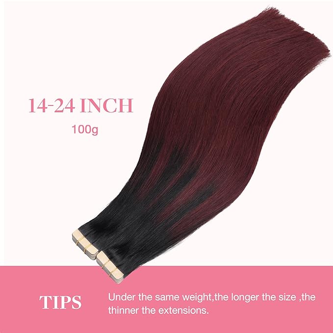 GOO GOO Tape in Hair Extensions Human Hair, 1/99 Balayage Jet Black to Red, 24inch 100g 40pcs, Skin Weft Seamless Invisible, Silky Straight with Thick Ends, Remy Human Hair
