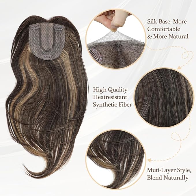UDU Hair Toppers for Women for Thinning Hair Highlights Synthetic Fiber Hair Toppers Hair Pieces for Women Ladies Ash Brown Muti-layer Long Straight Wavy Clip in Wiglets with Fringe bangs