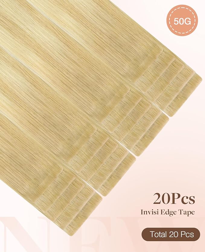 GOO GOO Invisi Edge Tape in Hair Extensions Human Hair, 18AT60A Pearl Ash Blonde Highlights 20pcs 22inch 50g, Virgin Remy Hair, Seamless Injected Tape, Natural Look
