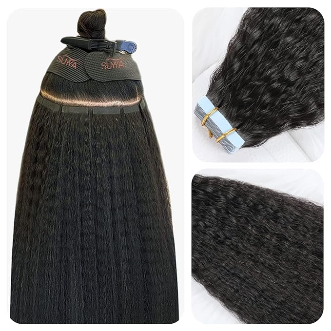 SUYYA Kinky Straight Tape in Extensions Natural Black Tape in Hair Extensions Human Hair Kinky Straight 18 Inch Skin Weft 50g/Pack 20PCS Tape INS for Women(#1B Natural Black)