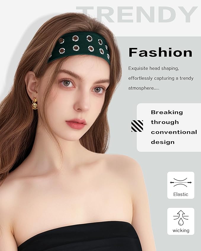 Grommet Headband for Women, Green 23cm Hollow Out Elastic Hair Band, Eyelets Punk Grunge Stylish Hairband