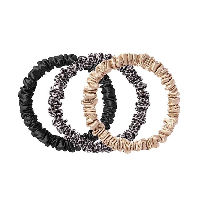 SLIP Skinny Scrunchies: Elevate Your Hair Game with Anti-Crease, Anti-Breakage Design,Crafted from Slipsilk™, Fierce: 3 Pure Silk Skinny Scrunchies in Black, Caramel & Leopard