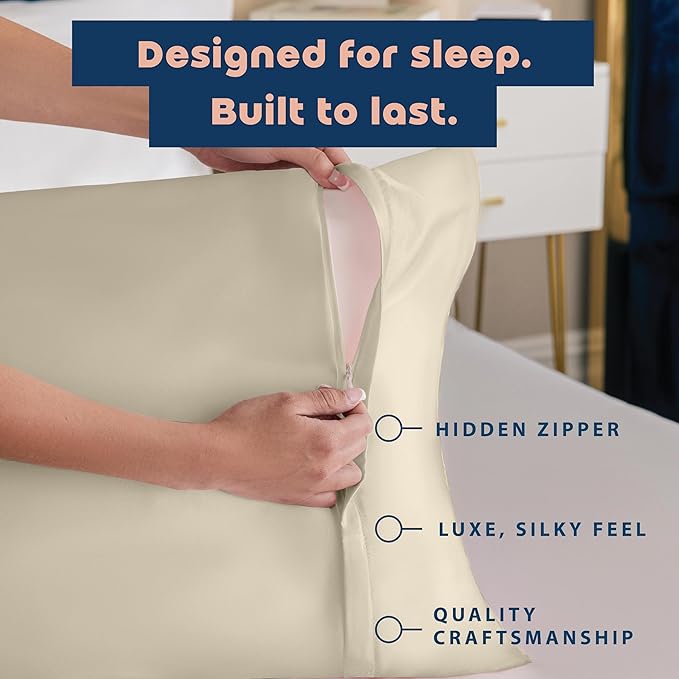 BLISSFORD Satin Pillowcase with Zipper, for Hair and Skin Care, Feels Soft and Cool Like a Silk Pillowcase, Satin Pillow Cases 2 Pack, Slik Pillow Cover, Champagne, Queen, Set of 2