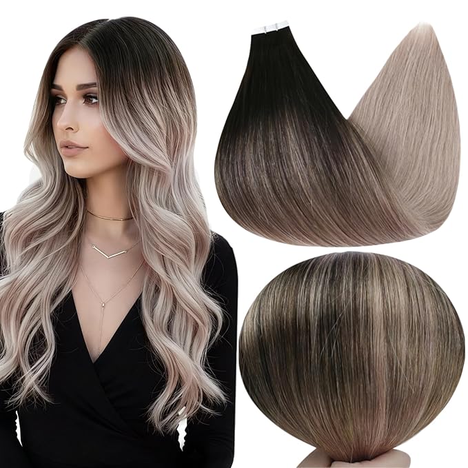 Full Shine Black Tape in Extensions Real Human Hair 20 Inch Hair Extensions 1B Natural Black Fading to 18 Ash Blonde 50G 20Pcs Tape ins Human Hair Extensions Seamless Skin Weft Invisible for Women