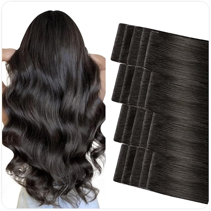 SUYYA Invisible Tape in Hair Extensions Human Hair Natural Black Seamless Injected Hand-Tied Pro Quality Virgin Human Hair 20PCS 50G/Pack Straight Tape Ins(22 inch #1B Off Black)