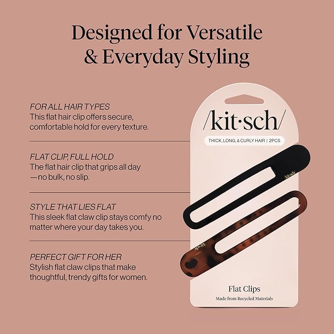Kitsch Flat Hair Clips for Women - Strong Hold, No Slip Grip Flat Claw Clips | Sleek Curved Design For Comfortable Look | Hair Accessories For Girls | Ideal Gifts for Women - Black & Tortoise, 2pcs
