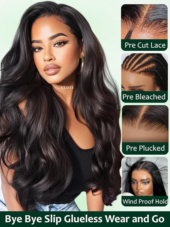 KLAIYI Bye Bye Slip™ Loose Body Wave Wig Layer Side Part 200% Density 7X5 Pre Cut Lace Front Wigs Human Hair Drawstring Glueless 30S Ready to Wear and Go Beginner Wig Pre Plucked Bleached Knots 16Inch