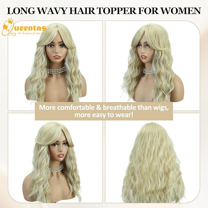 QUEENTAS 18" Curly Hair Topper for Women with Thinning Hair Pieces 6"*6"Large Coverage 360°3D Cover Synthetic Long Blonde Wavy with 5 Clips in Wiglets(Blonde)