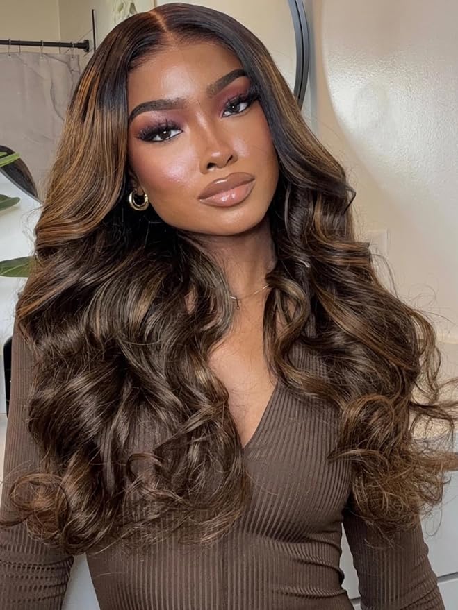 Julia Hair Bye Bye Knots Glueless Wig Highlight Balayage Brown Body Wave 7x5 Pre Cut HD Lace Front Wigs Human Hair Pre Plucked Bleached Knots Pre Everything Ready To Go Ombre Wig 16 Inch
