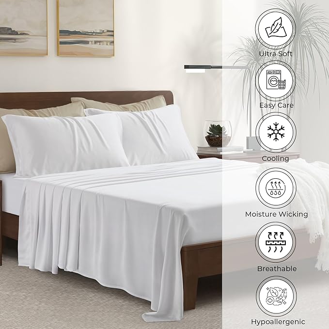 Luxury Bamboo Market | Queen Envelope Pillowcase Set | 100% Viscose Made from Bamboo | Organically Grown | Ultra Soft | Cooling | 2pcs [Classic White]