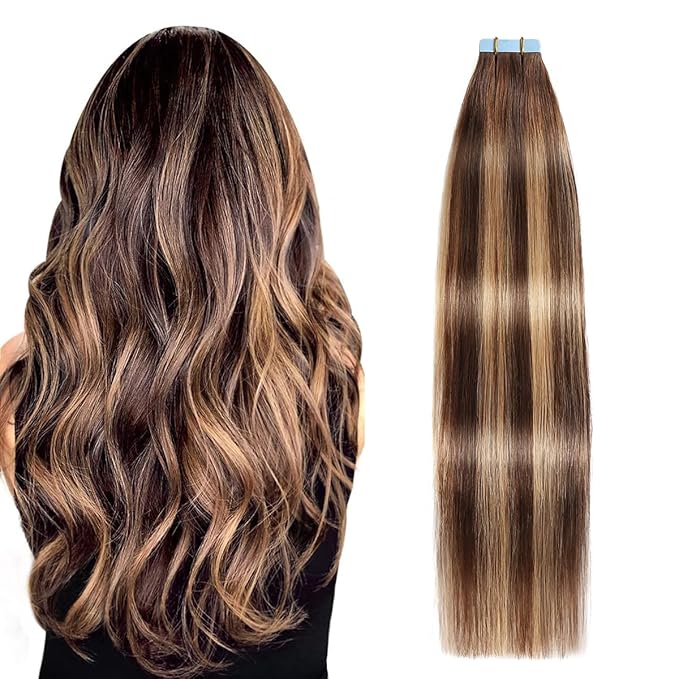 SUYYA Tape in Hair Extensions Human Hair Ombre Chocolate Brown to Caramel Blonde Remy Hair 14 inches 20pcs 40g/pack Straight Seamless Skin Weft Tape in Human Hair Extensions (14 inch #P4/27/T4)