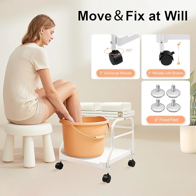 Beauty Salon Nail or Foot Bath Spa, 2Tier Portable Esthetician Trolley Cart Pedicure Manicure Funiture Massage Table Salon Supplies with 4 Wheels for Foot Rest, Hair Salons, Home (White)