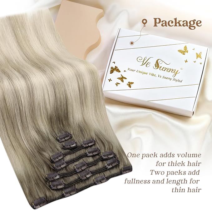 Ve Sunny Clip in Hair Extensions Balayage Remy Human Hair Clip in Extensions Full Head Ash Grey Ombre Platinum Blonde Straight Real Hair Extensions for Women 7pcs 120g 16 inch