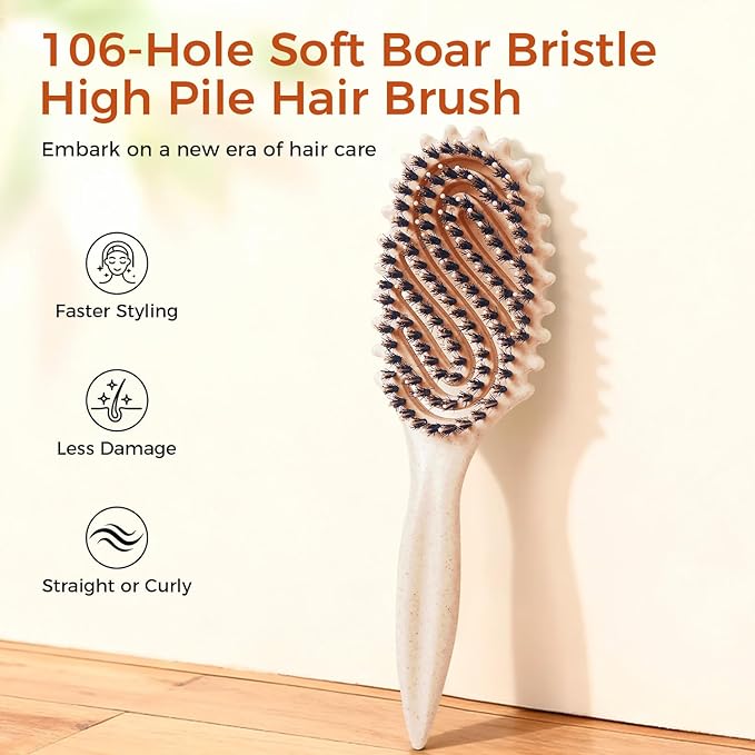Curly Hair Brush, Curl Defining Brush with Soft Boar Bristles for Combing, Shaping, and Styling Curly Hair Suitable for All Women and Men with Wet & Dry Hair(Wheat)
