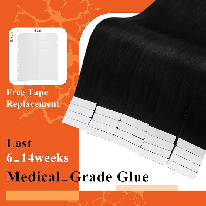Full Shine Invisible Seamless Tape in Hair Extensions Real Human Hair 22Inch Color 1 Jet Black Double Sided Tape in Extensions Skin Weft 20Pcs 50 Gram Add Length for Wedding Natural Straight