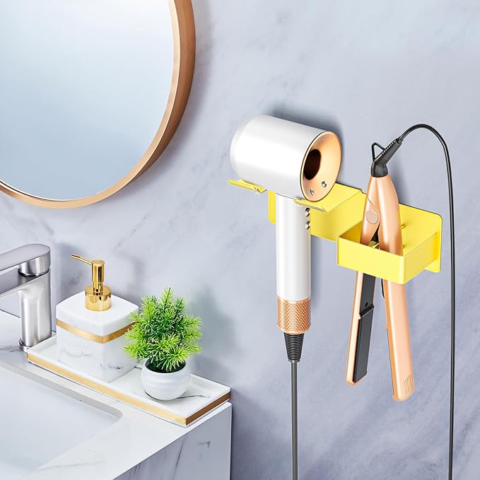 Hair Dryer Holder Wall Mounted, Hair Straightener Holder Metal, Adhesive Blow Dryer and Hair Straightener Holder, Bathroom Bedroom Hair Tool Organizer for Flat Iron,Curling Iron,Hairdryer