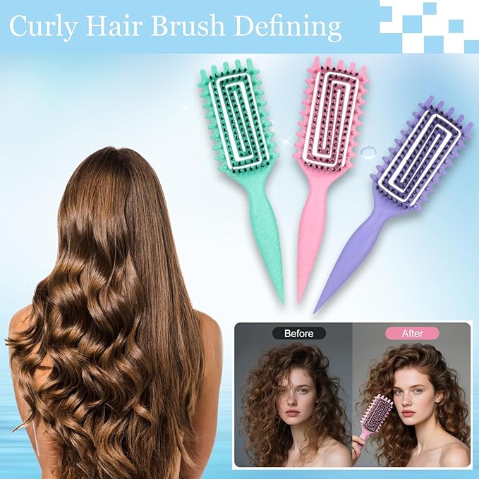 Curly Hair Brush Defining,Curly Brush Defining with Side Gear for Combing, Shaping,and Styling bounce,Lightweight Vented Hair Brush For Wet and Dry Hair（Green Pink）