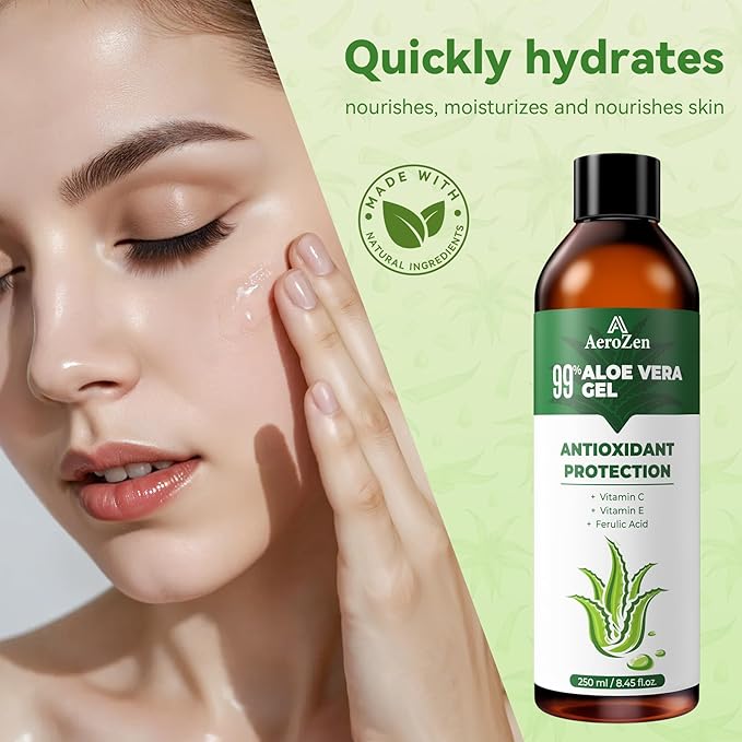 Aero Zen 99% Natural Aloe Vera Gel | Daily Hydration & After-Sun Relief | Lightweight Alcohol-Free Formula, Deeply and Quickly Soothes Skin, Suitable for Face/Body/Hair - 8.45 fl oz