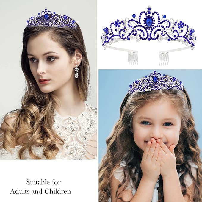 Velscrun Princess Crown, Tiaras for Girls, Blue Birthday Princess Sash for Girls, Birthday Girl Crown, Birthday Accessories for Girls, Princess Birthday Decorations, Princess Birthday Party Supplies