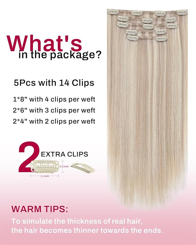 Moresoo Blonde Highlight Clip in Hair Extensions Human Hair Ash Blonde with Bleach Blond Remy Real Human Hair Extensions Clip ins Short for Women Double Weft 80g/5pcs 14 inch