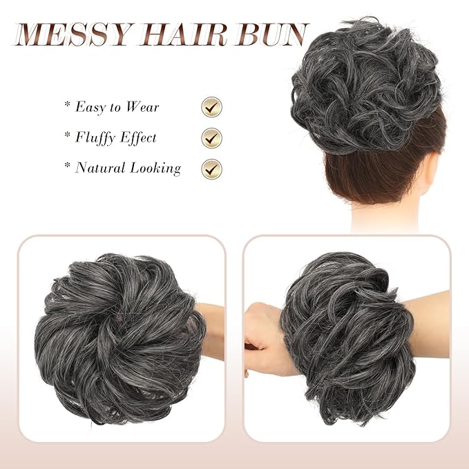 FESHFEN Messy Bun Hair Piece - Elastic Wavy Curly Hair Bun Scrunchies Extensions Synthetic Chignon Hairpieces for Women Girls, Dark Salt and Pepper 1.5 oz
