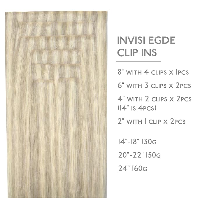 WENNALIFE Invisi Edge Clip in Hair Extensions Real Human Hair, 16 Inch 130g 7pcs Ash Blonde Highlighted Platinum Blonde Seamless Clip in Extensions Remy Hair Clip Ins Invisible PU Skin Weft Straight