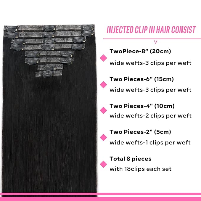 Injected Clip in Hair Extensions Real Human Hair Invisible Hand-Tied Weft Hair Extensions Clip in Human Hair Straight Seamless Clip ins for Women 8Pcs 120g 16inch #1B Natural Black