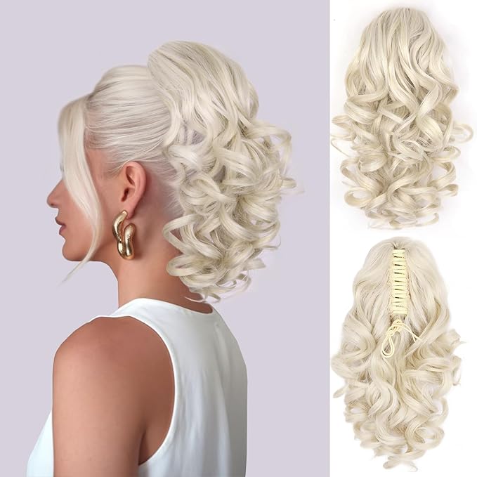 Clip on Ponytails for Women - 12 Inch Curly Ponytail Extension, Wavy Pony Tails Hair Extensions, Synthetic Hair Extensions Ponytail, Natural Hair Pieces for Women (Color: Platinum Blonde)