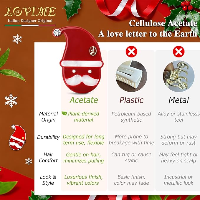 Premium Christmas Hair Clips for Women, Small Cute Acetate Hair Duckbill Clips for Girls, Kids Hair Accessories for Girls with Gift Box-SANTA SMILES